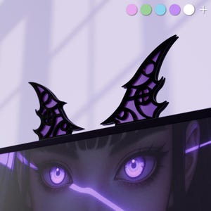 May include: A pair of black and purple bat wing hair clips. The clips feature a layered design with detailed web-like patterns. The image also includes a digital illustration of a person with purple eyes, creating a fantasy aesthetic.