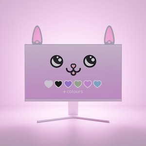 Peut inclure: Un écran d'ordinateur rose avec un design de visage de chat de dessin animé. L'écran affiche un dégradé de rose et de violet, avec de grands yeux noirs, un nez et des moustaches. Le moniteur a un support blanc et comprend des options de couleurs.