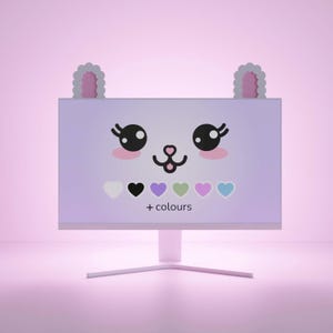 Peut inclure: Un moniteur d'ordinateur avec un visage de dessin animé mignon et des oreilles de lapin. L'écran affiche une palette de couleurs avec des cœurs blancs, noirs, violets, verts, roses et bleus. Le texte '+ couleurs' est affiché en bas de l'écran.