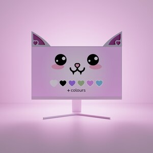 Peut inclure: Un écran d'ordinateur rose avec un design de visage de chat. L'écran a des oreilles de chat avec des accents de cœur et un visage mignon avec des yeux noirs et un nez noir. Le texte "+ couleurs" est en dessous d'une rangée de cœurs colorés. L'écran est sur un support blanc.