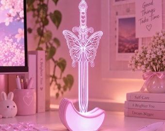 Butterfly Sword Lamp, Castlecore Acrylic LED Night Light, Fairycore Room Decor, Kawaii Gaming Desk Accessories, 16 Colors and Remote Control