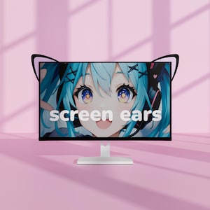 Peut inclure: Un écran d'ordinateur avec un personnage de dessin animé et le texte "screen ears". Des oreilles de chat noires sont fixées en haut de l'écran. Le fond est rose clair.