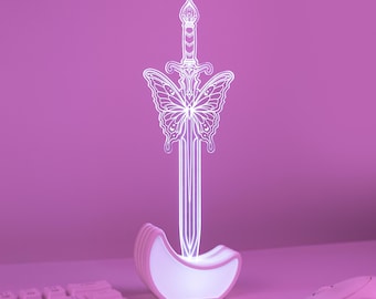 Butterfly Sword Lamp, Castlecore Acrylic LED Night Light, Fairycore Room Decor, Kawaii Gaming Desk Accessories, 16 Colors and Remote Control