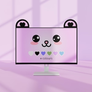 Peut inclure: Un écran d'ordinateur rose avec des oreilles d'ours noires et un visage de dessin animé mignon sur l'écran. L'écran affiche également une rangée de cœurs colorés et le texte " + couleurs".