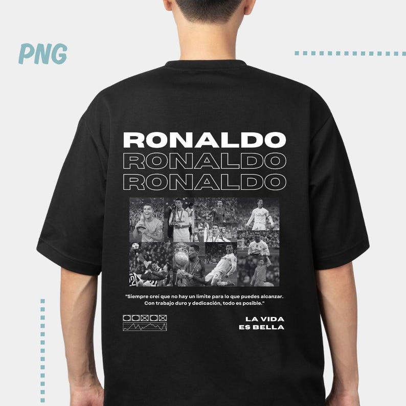 May include: Black t-shirt with a white graphic of soccer player Cristiano Ronaldo. The graphic features multiple images of Ronaldo playing soccer. The text "RONALDO" is repeated three times in white on the shirt. The text "LA VIDA ES BELLA" is also printed in white on the shirt.