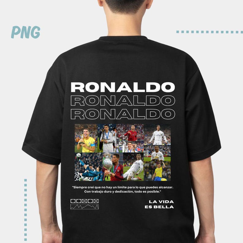 May include: Black t-shirt with a white graphic print of soccer player Cristiano Ronaldo. The graphic includes multiple images of Ronaldo playing soccer and the text "RONALDO" repeated three times. The text "LA VIDA ES BELLA" is also included in the graphic.