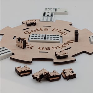 Laser Cut Mexican Train Domino Hub with Miniature Trains, custom engrave your name