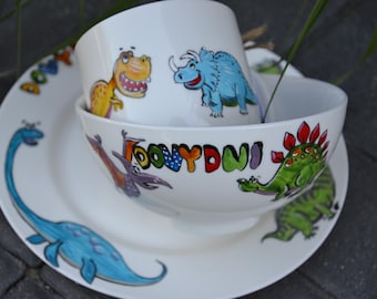 Handmade Dinosaur Kids Dish Set, Personalized Ceramic Bowl, Plate, Cup