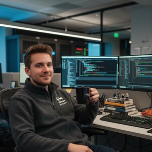 May include: A man in a gray fleece jacket with the text "404 Stress Not Found" is seated at a desk, holding a black mug. Two computer monitors display code. A keyboard, books, and small figurines are also on the desk.