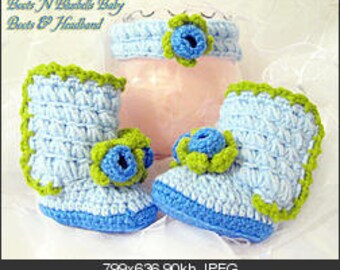 Crochet Baby Girl Boots Bluebell flower Headband crochet pattern PDF Instant Download