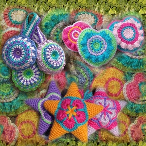 Crochet 3 pattern pack Star Pattern Amigurumi heart applique, flower star ornament, Instant Download Crochet Pattern