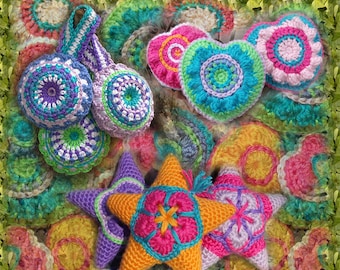 Crochet 3 pattern pack Star Pattern Amigurumi heart applique, flower star ornament, Instant Download Crochet Pattern