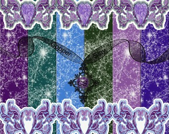 Celestial Stars Digital Paper Collection, Ornate Borders, Gemstones (Cold Colors/Vivid)