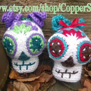 Sugar Skull Baby SugarSpun Skullz crochet pattern (Faster and Easier) by CopperSlay Day of the Dead Halloween crochet ornament decor doll
