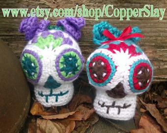 Sugar Skull Baby SugarSpun Skullz crochet pattern (Faster and Easier) by CopperSlay Day of the Dead Halloween crochet ornament decor doll