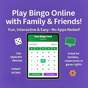 Puede incluir: Un gráfico púrpura que promociona el Bingo en línea con familiares y amigos. La imagen incluye una tableta que muestra una tarjeta de Bingo, un dado, un monitor de computadora y el texto "¡Juega al Bingo en línea con familiares y amigos!"