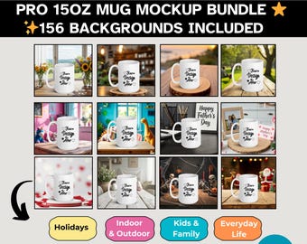 Coffee Mug Mockup Bundle, High-Quality Mug Mockups for Custom Designs, White 15 oz Mug +156 Backgrounds, Canva Editable