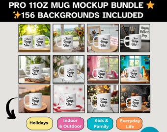 Coffee Mug Mockup Bundle, High-Quality Mug Mockups for Custom Designs, White 11 oz Mug +156 Backgrounds, Canva Editable