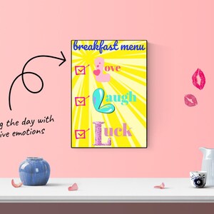 Arte mural "Amor, Risa, Suerte" - Póster de menú de desayuno positivo - Impresión motivacional colorida para la cocina o la entrada