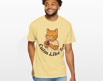 Copie du t-shirt chat calme comme du thé, t-shirt coupe ample, chemise unisexe, cadeaux pour les amoureux des chats, vêtements mignons pour chats, cadeau pour les amateurs de thé
