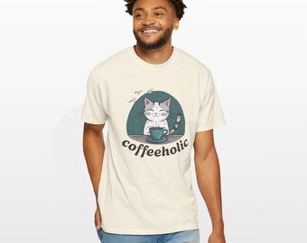 Coffeeholic Cat T-Shirt • Comfort Colors® 1717 • Coffee Lover Tee • Cute Cat Shirt • Foodie Gift • Unisex Garment Dyed Top