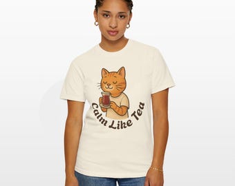 T-shirt chat calme comme du thé, coupe décontractée unisexe