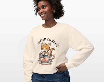 Sweat-shirt chat café turc | Cadeau mignon pour amoureux des chats | Ras du cou esthétique café confortable | Couleurs Confort® | Haut de style méditerranéen