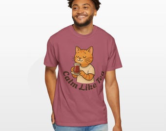 Copie du t-shirt chat calme comme du thé, t-shirt coupe ample, chemise unisexe, cadeaux pour les amoureux des chats, vêtements mignons pour chats, cadeau pour les amateurs de thé