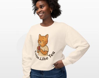 Sweat-shirt chat calme comme du thé | Ras du cou unisexe confortable | Cadeau pour amoureux des chats | Chemise de thé relaxante | Vêtements inspirés du thé turc