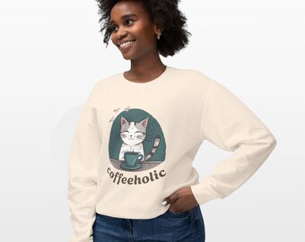 Sweat-shirt avec chat Coffeeholic | Cadeau drôle d'amant de café | Ras du cou unisexe confortable | Couleurs confort 1466 | Vêtements confortables pour maman chat