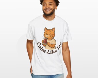 Copie du t-shirt chat calme comme du thé, t-shirt coupe ample, chemise unisexe, cadeaux pour les amoureux des chats, vêtements mignons pour chats, cadeau pour les amateurs de thé