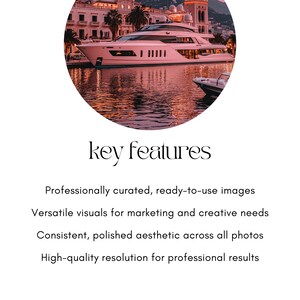 May include: A white yacht docked in a harbor at sunset. The yacht is surrounded by buildings and palm trees. The water is calm and reflects the sunset.