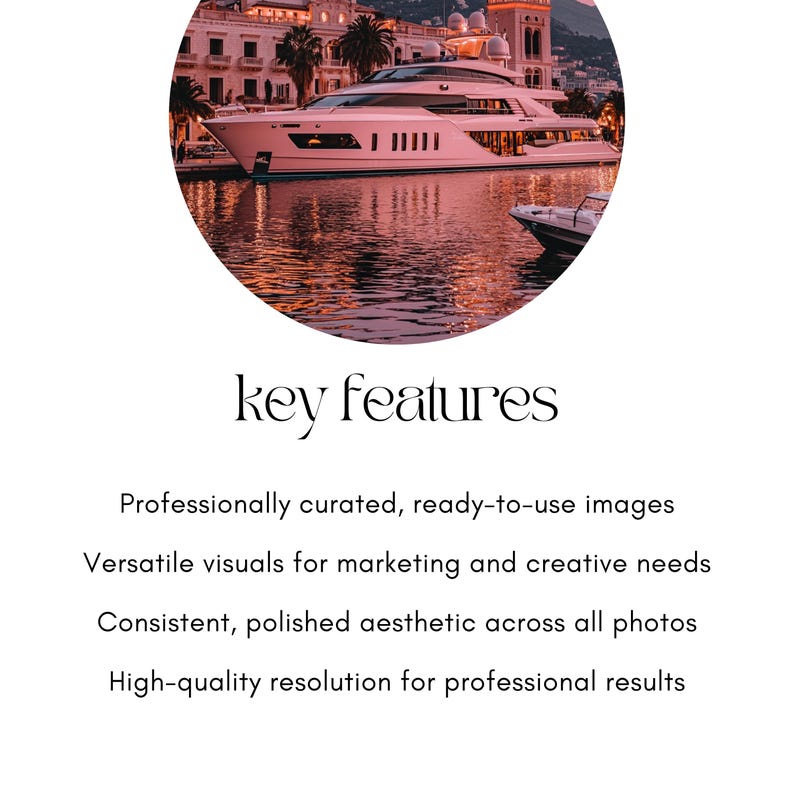May include: A white yacht docked in a harbor at sunset. The yacht is surrounded by buildings and palm trees. The water is calm and reflects the sunset.