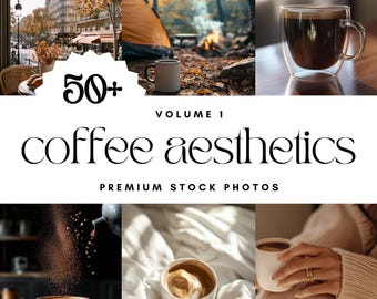 以下が含まれることがあります： コーヒーの美学をテーマにした、50枚以上のプレミアムストック写真のコレクションです。写真は、居心地の良いカフェ、森、寝室など、さまざまな場所で、さまざまなコーヒーカップ、マグカップ、コーヒー豆を展示しています。