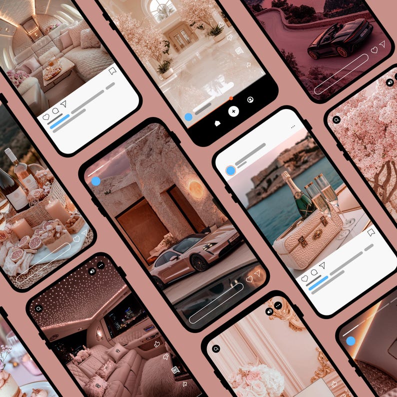 May include: A collage of Instagram-style photos featuring luxurious interiors, a champagne picnic, and a car. The photos are all in a warm, pink color scheme.