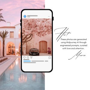 May include: A black car parked in front of a white building with a pink tree in the background. The image is displayed on a smartphone screen with a social media app interface.