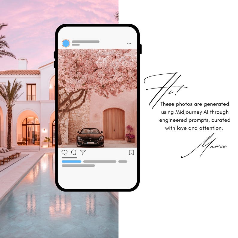 May include: A black car parked in front of a white building with a pink tree in the background. The image is displayed on a smartphone screen with a social media app interface.