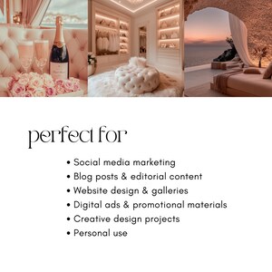 May include: Three images showcasing a luxurious interior design aesthetic. The first image features a champagne bottle and glasses on a plush, tufted sofa with pink roses. The second image shows a white tufted ottoman in a walk-in closet with white walls and gold accents. The third image depicts a bedroom with a large bed and a view of a sunset over the ocean.