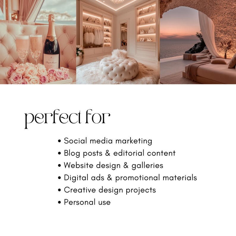 May include: Three images showcasing a luxurious interior design aesthetic. The first image features a champagne bottle and glasses on a plush, tufted sofa with pink roses. The second image shows a white tufted ottoman in a walk-in closet with white walls and gold accents. The third image depicts a bedroom with a large bed and a view of a sunset over the ocean.
