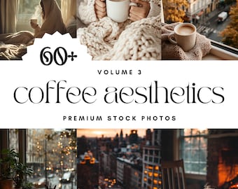 以下が含まれることがあります： コーヒーの美学をテーマにした、60枚以上のプレミアムストック写真のコレクション。写真は、コーヒーカップ、温かい照明、そして魅力的な設定で、居心地の良いシーンを捉えています。
