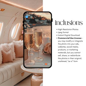May include: A smartphone screen displaying a photo of two champagne flutes on a table with a sunset view. The text on the screen reads "inclusions" and lists the details of a commercial use license for the photo.