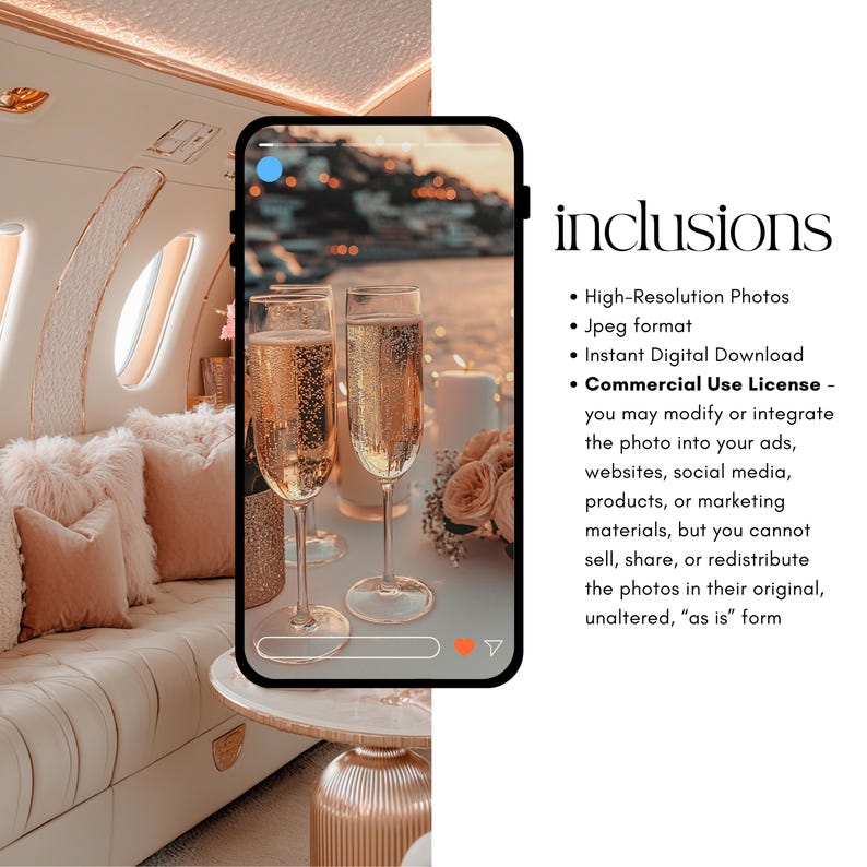 May include: A smartphone screen displaying a photo of two champagne flutes on a table with a sunset view. The text on the screen reads "inclusions" and lists the details of a commercial use license for the photo.