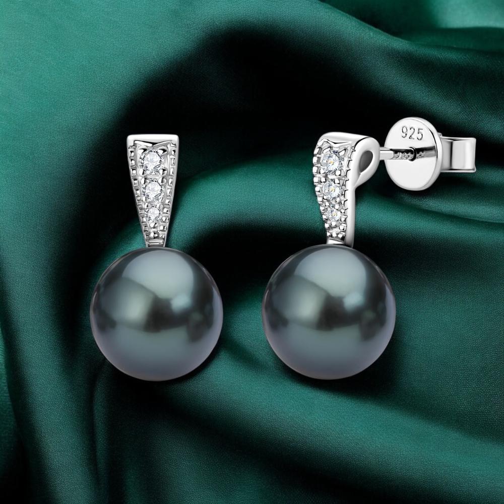 Natural Tahitian Black Pearl Stud Earrings, AAAA Grade Seawater Black Pearl in Sterling Silver, 18K White Gold Plated, Certified Moissanite
