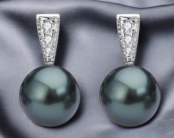 Natural Tahitian Black Pearl Stud Earrings in Sterling Silver, 18K White Gold Plated with Certified Moissanite, Special Gift for Women
