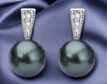 Natural Tahitian Black Pearl Stud Earrings in Sterling Silver, 18K White Gold Plated with Certified Moissanite, Unique Gift for Her