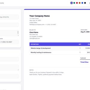 Może przedstawiać: Cyfrowy interfejs generatora faktur o nazwie Invoice Generator Pro, z białym układem formularza i fioletowymi akcentami. Ekran zawiera pola do wprowadzania danych firmy, informacji o kliencie oraz podgląd profesjonalnego dokumentu faktury.