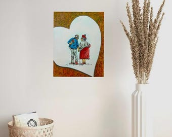 Hand-Painted Canvas Art of Elderly Couple in Love, 8x10 inches