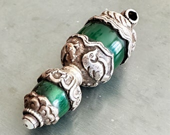 Rare Tibetan Repoussé Pendant, Double Healing Stone, Green Copal, Ornate Silver with Animal Symbols, Antique, Jewelry Making Supplies
