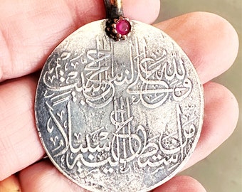 Ottoman Arabic Calligraphy Antique Silver Pendant w Ruby, Turkish Pendant, Talisman, Amulet, Husn-i Hat Calligraphy Pendant, Jewelry Making