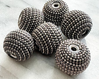 Metallic Beaded Beads, 24mm, Each, Gunmetal and Silver stripes, Large Hole, Jewelry Making Supplies, Beading Supplies